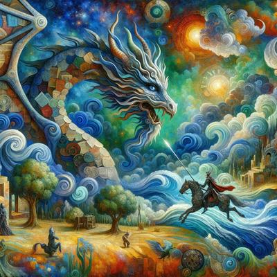 The primary subject of the image is a dragon, which is depicted in a painting or drawing. The dragon is surrounded by a variety of elements, including a horse, a person, and a bird. The setting appears to be a beach or a coastal area, with a sun visible in the sky. The visual style of the image is artistic, with the dragon and other elements being depicted in a creative and imaginative manner. The colors and mood of the image are vibrant and lively,